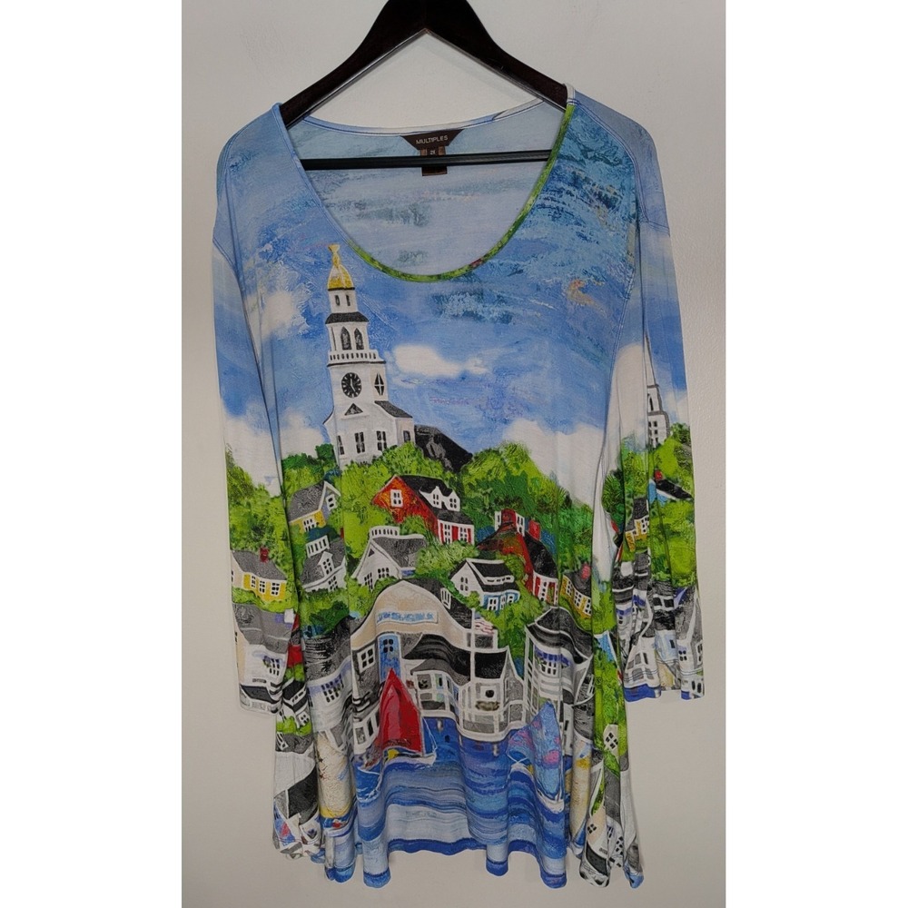 Multiples Size 2X Tunic Top Wearable Art Abstract Print Coastal Town Euro Summer